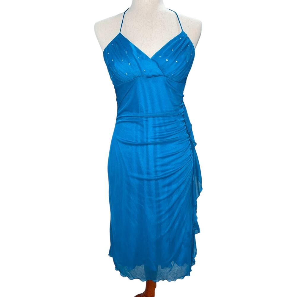 Vintage 90s y2k women's blue Rampage jeweled lace sheer cocktail halter dress
